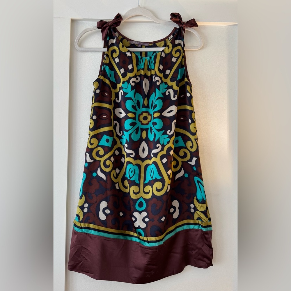 Gorgeous Hale Bob Silk Swing Sleeveless Tie Shoulder Elegant BOHO Mini Dress M